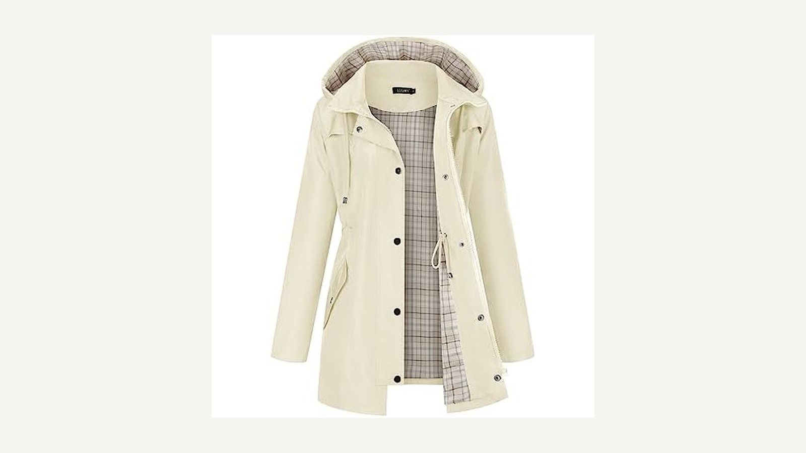 A lightweight hooded rain jacket shown from the front