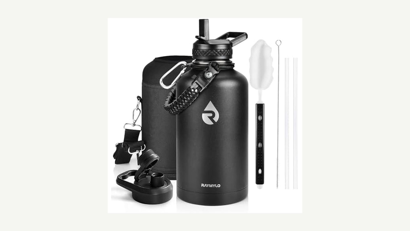 A large insulated stainless steel water bottle standing upright